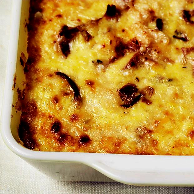 Corn Pudding with Mushrooms and Ham